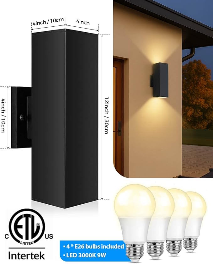 KIZON Outdoor Wall Lights with Dusk to Dawn Sensor 2 Pack, Aluminum Outdoor Light Fixture with LED Bulbs, Waterproof Up and Down Lights for House Porch Doorway, ETL Listed