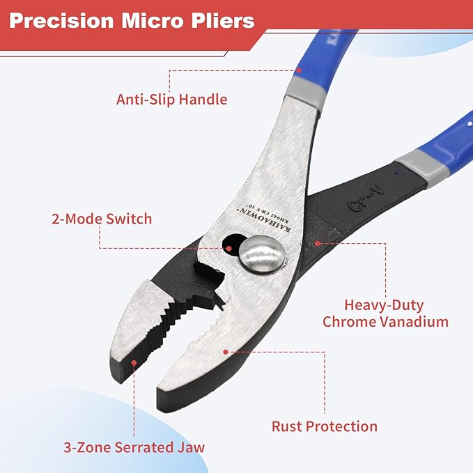 KAIHAOWIN 6-Piece Tool Set with Case, 8.8” Long Nose, Slip Joint Pliers,5” Needle Nose, 5" Flush Cutter, Rubber Mallet for Repairing & Home Use