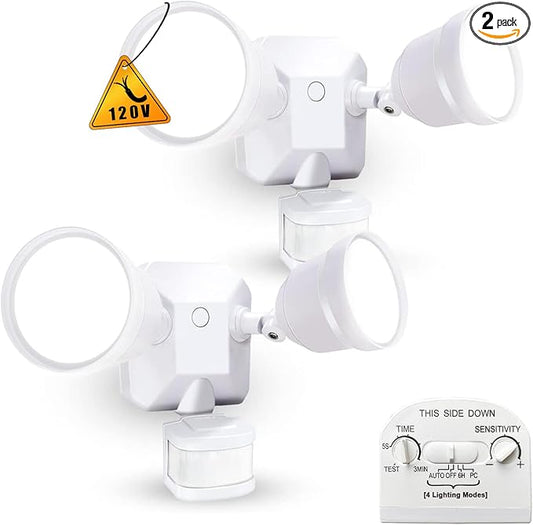 EMANER Motion Sensor Outdoor Lights, Dusk to Dawn Porch Flood Light 5000K, 4-Mode, 2800lm Wired Security Spotlight Wall Mount for Garage Porch Soffit Under Eave (2-Pack, White)