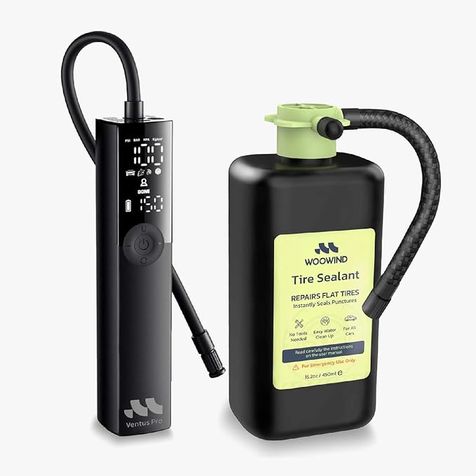 Tire Inflator Portable Air Compressor for Car, Bike, Motorcycle, SUV, Offroad & Truck - Fast Car Pump, 150 PSI, Cordless 12V DC, LED Display Emergency Light Woowind (Ventus pro + Tire sealant)