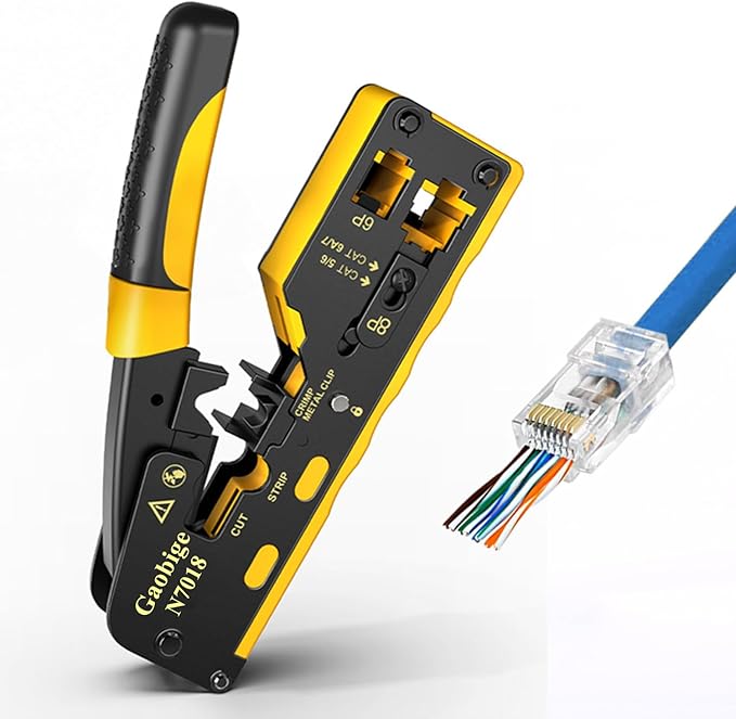 Pass Through rj45 Crimp Tool Kit, Network Tool Kit, Cat7 Cat6A Cat6 Cat5e Cat5 rj45 Crimping Tool with 50PCS cat6 Pass Through Connectors, Network Tester, Wire Cutter