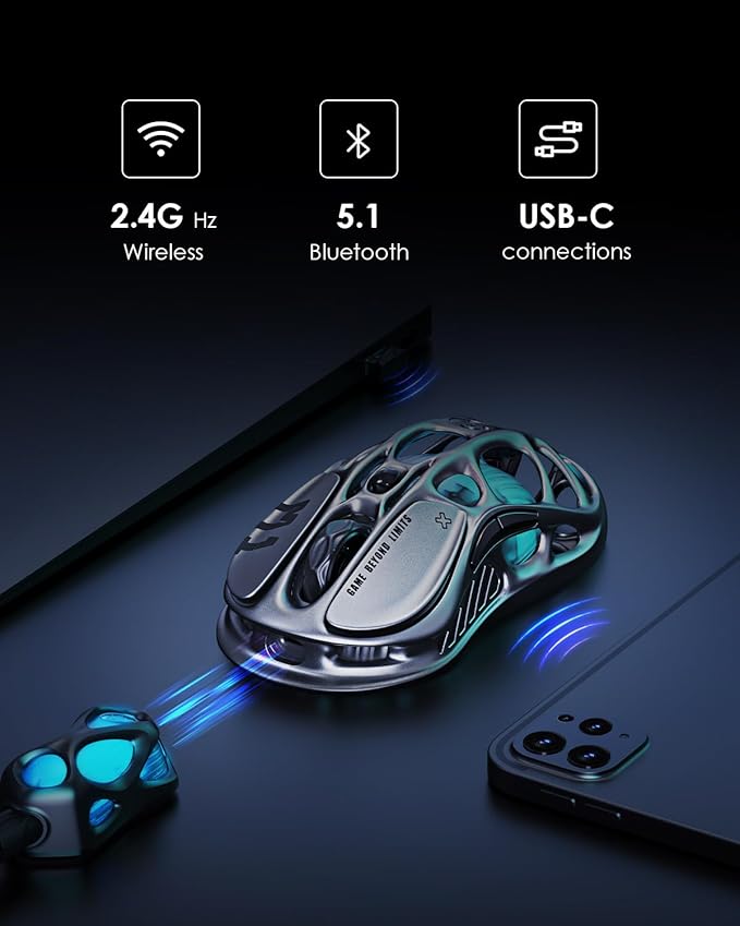 GravaStar Wireless Gaming Mice Mercury M1 Pro, Lightweight Magnesium Alloy Gaming Mouse, 26,000 DPI, PAW3395DM Sensor, Tri Mode Connection, Support 4K, Up to 200 Hours Battery Life