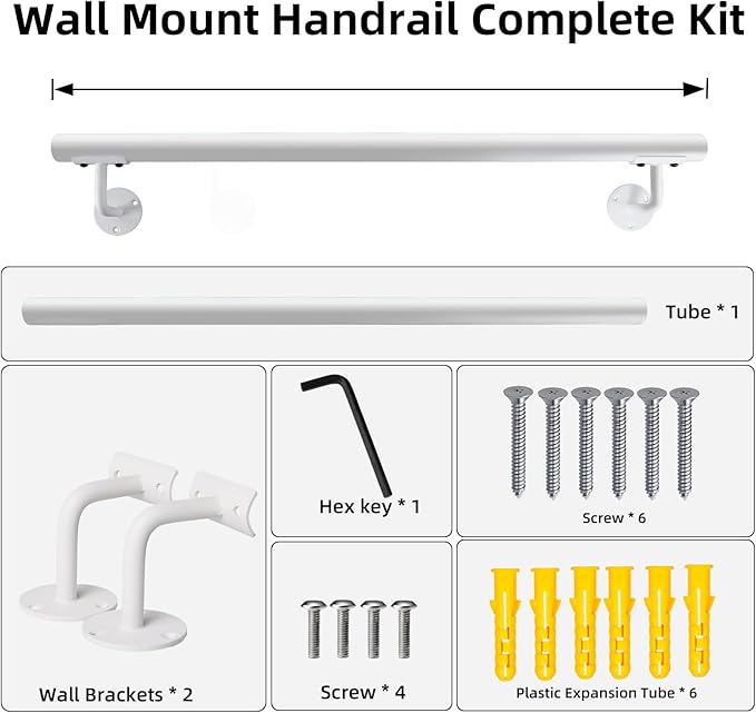 3 FT Heavy Duty Metal Stairs Railing Indoor White, Wall Mount Pipe Stair Handrail - Hand Rails for Indoor & Outdoor Steps, Banister Deck Porch Patio Railing, Wall Grab Bars for Seniors