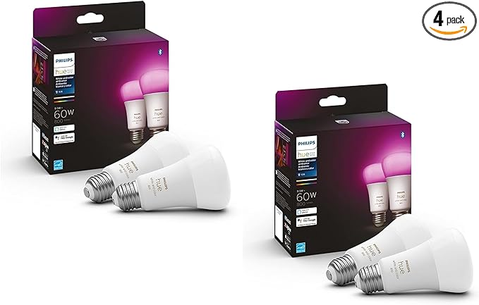 Philips Hue Smart 60W A19 LED Bulb - White and Color Ambiance Color-Changing Light - 4 Pack - 800LM - E26 - Indoor - Control with Hue App - Works with Alexa, Google Assistant and Apple Homekit