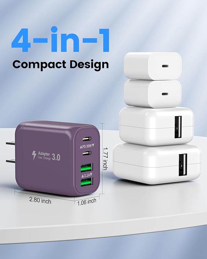 40W USB C Charger Block, 2-Pack 4-Port Fast Charging Block Power Adapter, Dual PD & QC Type-C Multiport Wall Charger for iPhone 16 15 14 13 12 11 Pro Max, Samsung, Tablets