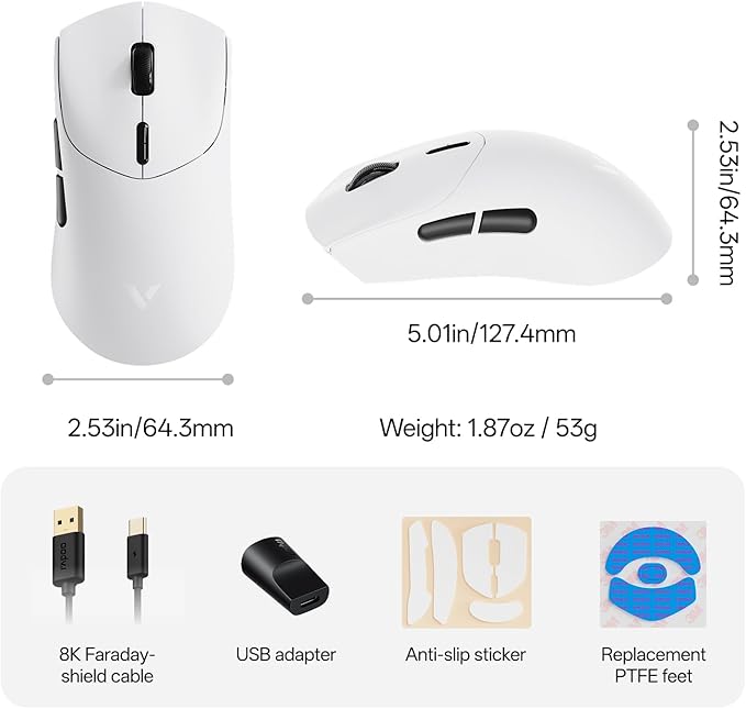 Rapoo VT7 Wireless Gaming Mouse, True 8K Wireless Polling Rate, 53g Lightweight, Up to 500 Hr Battery, Nordic nRF54L15 MCU, 100-Million Mechanical Switch, 10 Programmable Buttons, White