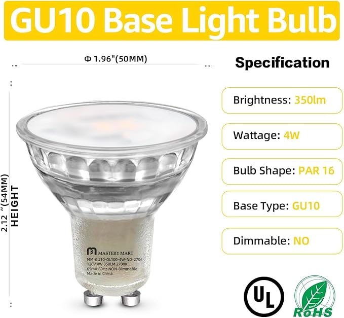 MASTERY MART 16 Pack Non-Dimmable GU10 LED Light Bulbs, 4W Bright 2700K Soft White 35W Halogen Equivalent, 350lm Energy Saver for Track Lighting Fixture, Kitchen, Basement, 15000 Hours Lifespan
