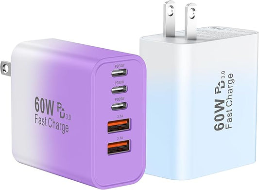 USB C Fast Wall Charger Block, 2Pack 60W USBC Charging Cubes, 5-Port PD+QC Power Adapter Multiport Brick Type C Box Plug for Phone 16/15/14/13/12/11/Pro Max/Plus, Pad Mini/Pro/S25/S24