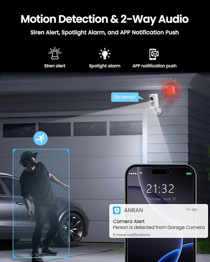 ANRAN 4G LTE Cellular Solar Security Camera Wireless Outdoor, 2K No WiFi Solar Powered Security Camera, 2 Way Audio, Smart Motion Detection, Color Night Vision, IP66, White (32GB & SIM Card Included)
