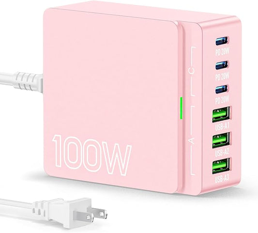 USB C Charger Block Charging Station: 100W 6 Port GaN Fast Charging Brick Hub Cube Box - PD 3.0 Type C & USB A Wall Charger Power Adapter for All iPhone 17 iPad Samsung Android Pixel Series