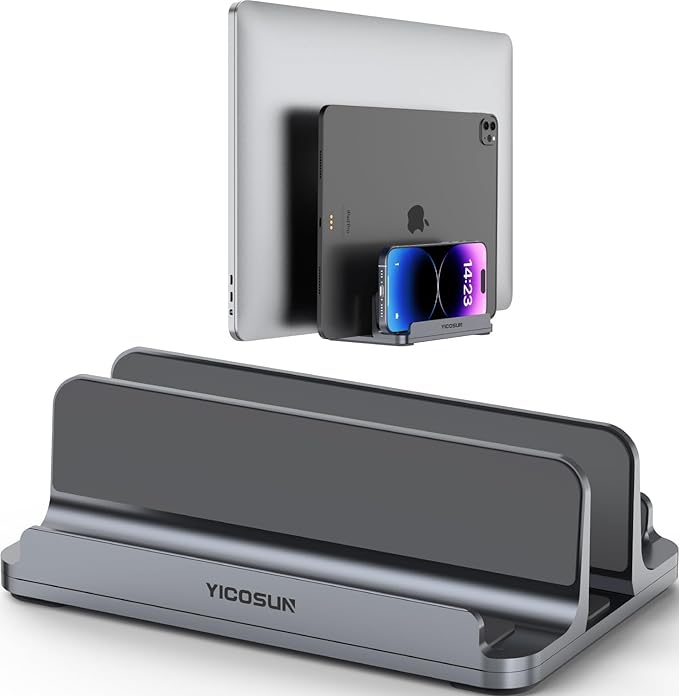 3-Slot Aluminum Vertical Laptop Stand for Desk - Adjustable Width Dock for MacBook, Surface, Samsung, HP, Dell up to 17.3 inches - Space-Saving & Protective Design - Gray