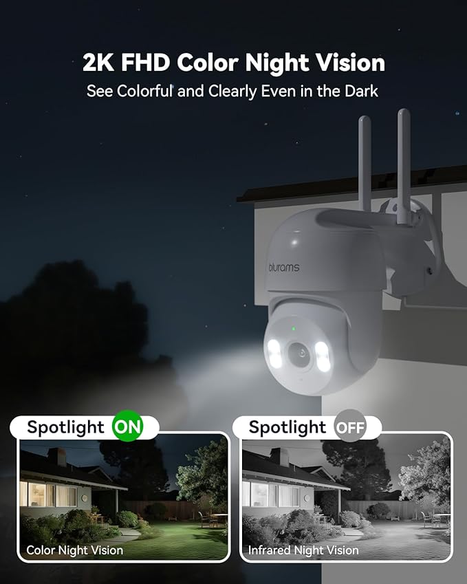 blurams 2K Security Camera Outdoor, 360° PTZ Outside Cameras for Home Security, Color Night Vision, Motion Tracking, Two-Way Audio, IP66, 2.4GHz Camera with 64GB SD Card, Compatible with Alexa