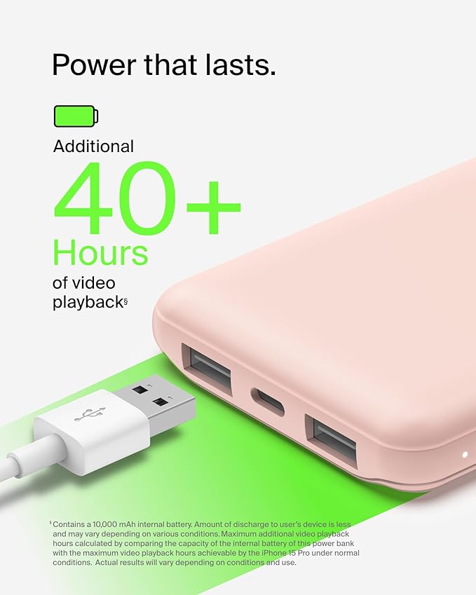 Belkin Portable Charger, USB-C Power Bank 10000 mAh w/ 1xUSB-C & 2xUSB-A Ports, 15W w/ Type-C to Type-A Cable - iPhone 17, Samsung Galaxy S25, Google Pixel 10, Nintendo Switch 2, etc. - Rose Gold