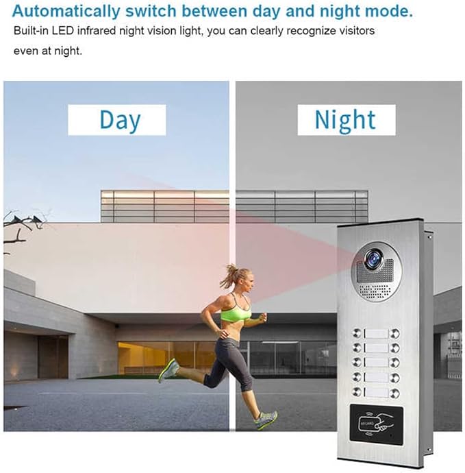 Wired Video Apartment Intercom System,6 Units 7 inch Monitor Video Door Phone Kit,Indoor Outdoor Video Doorbell, ID Card Unlock, 2 Way Audio, 6-Screen for Home Apartment (1 Doorbell+10 Monitor)