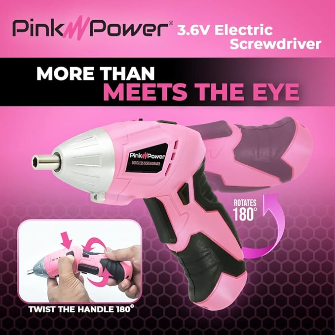 Pink Power 3.6 Volt Electric Screwdriver Cordless Rechargeable Screw Gun & Bit Set for Women - Cordless Screwdriver LED light, Battery Indicator and Pivoting Head - Small Power Screwdriver