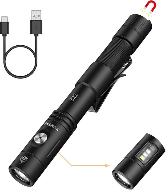S22 2AA Tactical EDC Dual Mode Flashlight Rechargeable,1200 High Lumen Pocket Flashlight with Magnet,Dual Switch Mini LED Flashlight and Side Light COB Light 4 Mode, 365nmUV
