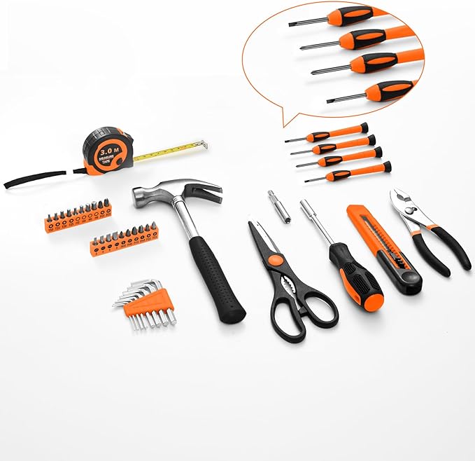 39 Piece Household Tool Set General Repair Small Hand Tool Kit Basic Home Tool Set in Toolbox Storage Case for Home Garage Office College Dormitory Use, Orange