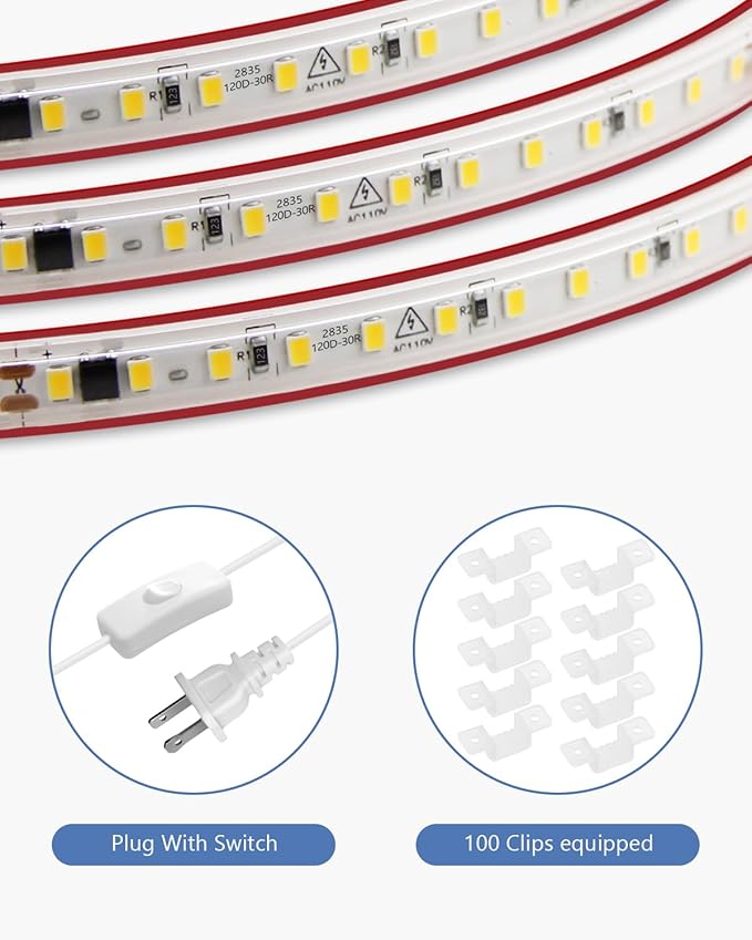 Outdoor LED Strip Lights Waterproof 100FT Self-Adhesive Warm White AC 110V-120V LED Rope Light with Switch Plug in SMD 2835 120LED/M Ultra Bright for Christmas Home Indoor Outdoor Decor IP67