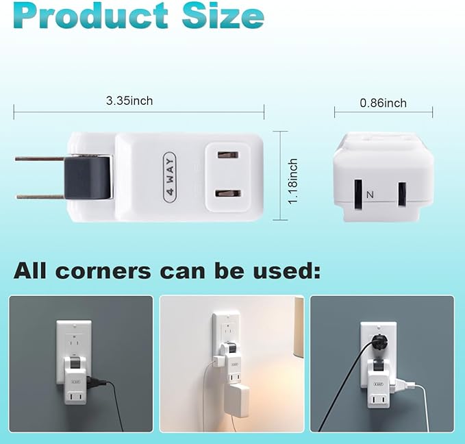 SYCON 4 Outlet Wall Adapter, 2-Prong Swivel Ungrounded Indoor AC Mini Plug Wall Tap - White