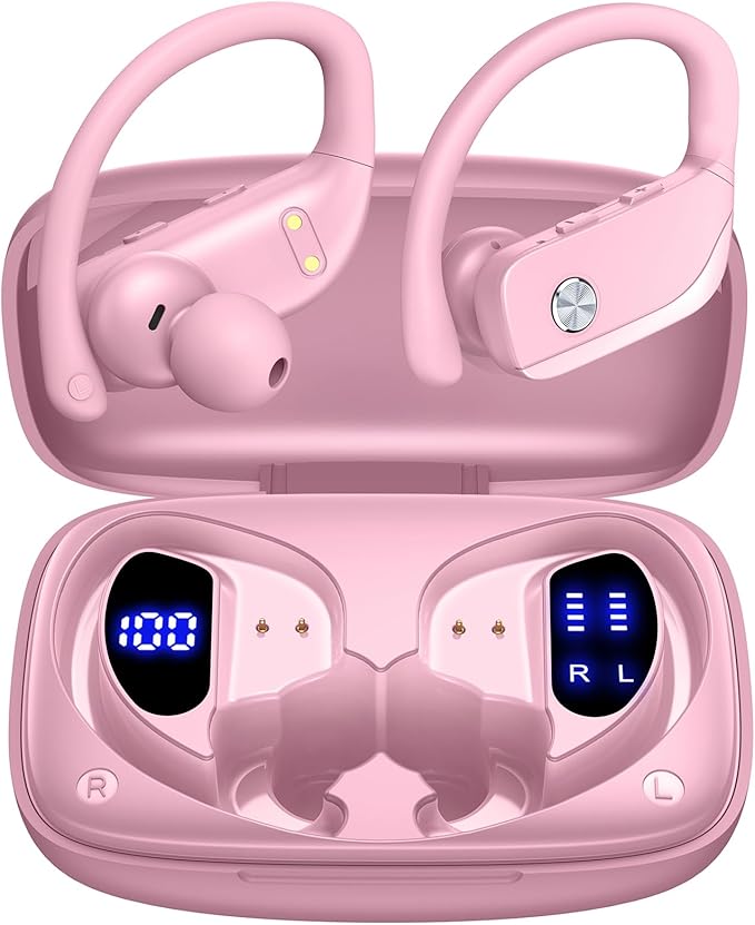 bmanl Wireless Earbuds Bluetooth Headphones 48hrs Play Back Sport Earphones with LED Display Over-Ear Buds with Earhooks Built-in Mic Headset for Workout Pink