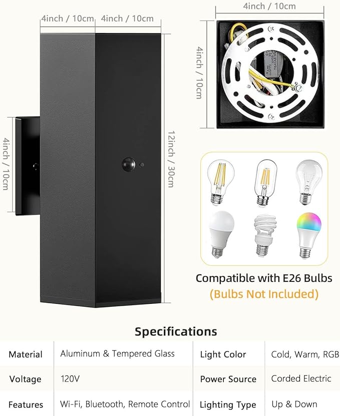 KIZON Motion Sensor Outdoor Lights 2 Pack, Dusk to Dawn Outdoor Lighting Porch Lights, Matte Black Exterior Lighting Fixtures with E26 Base, Waterproof Motion Detector Lights for Outside