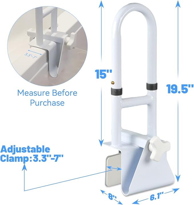 Bathtub Grab Bars for Seniors, Tub Handle Grab Bar for Elderly Bath Support, Bathtub Safety Rail, Assistance Bathtub Handle Clamp for Bathroom, 3.3"- 7" Width Adjustable, White