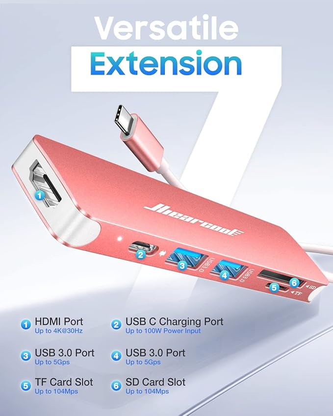 Hiearcool USB C Hub,USB-C Dongle,7IN1 USBC to HDMI Multple Adapter Compatible for MacBook Dell Lenovo Asus Thunderbolt 3 Thunderbolt 4 Type C Docking Station (HDMI USB3.0 TF/SD PD)-Rose Gold