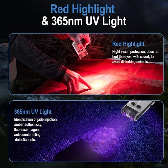 Vortex V30 EDC Flashlight Red UV Green Warm White Light Emergency Signals Fluorescent Powerful 900 Lumen Rechargeable Pocket LED Keychain Flashlight Magnetic end 180° Twistable Head 2-Direction Clip