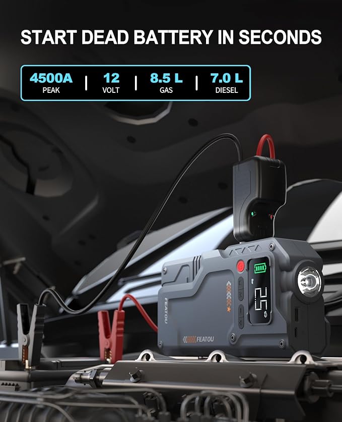 Jump Starter with Air Compressor, 5 in 1 Functional Jump Box 4500A Peak Power Pack with 150PSI Digital Tire Inflator, Portable Car Charger Jumper for 8.5L Gas or 7.0L Diesel