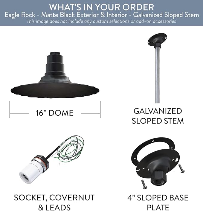 Steel Lighting Co. Eagle Rock Pendant | Ceiling Mounted Light | 16 in Radial Wave | 12 in Sloped Stem | Heavy Duty Retro Farmhouse Style Made in America | Matte Black Exterior/Interior