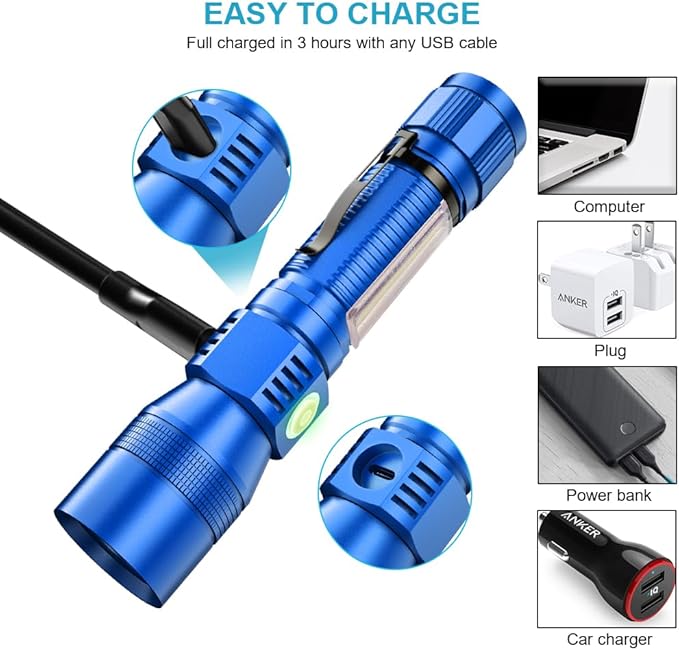 UV Flashlight Black Light, 2-Pack USB Rechargeable Blacklight Flashlight with Magnetic - Side Work Light, 7 Modes, Zoomable, Waterproof – LED Torch for Mechanics Pet Urine Stains Detector,Blue