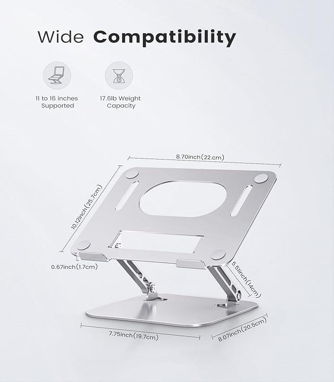 Laptop Stand Adjustable Computer Stand Sturdy Aluminum Laptop Stand for Desk Foldable Laptop Holder Portable Riser for 11–16-inch Laptop Notebook Tablet and More, Silver