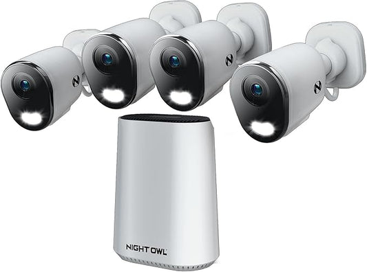 Night Owl 8 Channel Wi-Fi Video Home Security Hub with (4) Plug-in Wi-Fi 4K HD Indoor/Outdoor Spotlight Cameras with 2-Way Audio and 64GB microSD Card (Expandable up to 8 Cameras)
