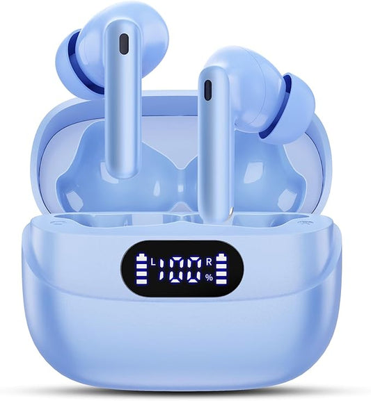 Wireless Earbuds, 42H Playtime Bluetooth 5.3 Headphones, HiFi Stereo Call Noise Cancelling Earbuds, IPX7 Waterproof Stereo in-Ear Earphones with LED Display for iOS Android (Sky Blue)