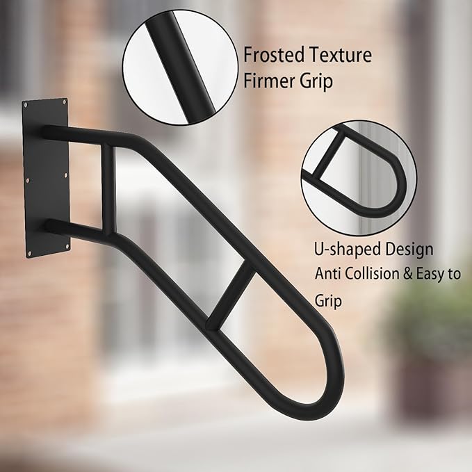 Hand Rails for Outdoor Steps U-Shaped, Black Iron Stair Railing Indoor 1-3 Step, Wall Mounted Railing for Stairs, Stair Handrail for Elderly, Kids, Pregnant Women, Porch Deck Garden Grab Bar -1 Pack