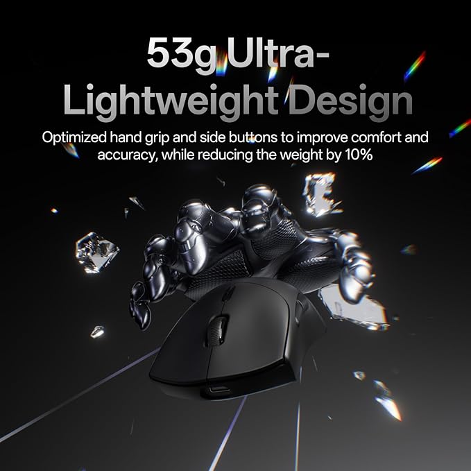 Rapoo VT7 Wireless Gaming Mouse, True 8K Wireless Polling Rate, 53g Lightweight, Up to 500 Hr Battery, Nordic nRF54L15 MCU, 100-Million Mechanical Switch, 10 Programmable Buttons, Black