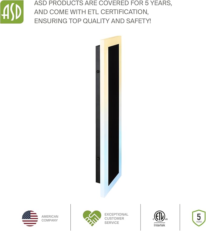 ASD LED 24" Long Wall Mount Light Fixture, Outdoor & Indoor Linear Sconce | 3CCT, Dimmable, Waterproof, Anti-Rust, ETL Listed | 24W 2000LM 3000-5000K 100-277V | Exterior Porch Lighting | Black, 2 Pack