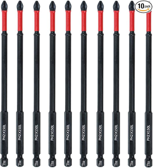 AUTOTOOLHOME 10 Pack Phillips PH2 Magnetic Anti Slip Screwdriver Bit Set 6 inch Length TS2 Anti-Slip Long Drill Bits Impact Driver Bits