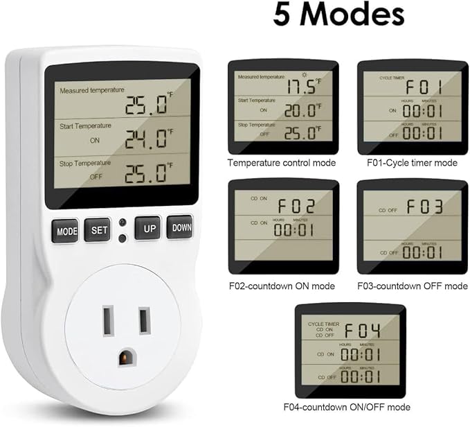 Diymore 1800W Plug in Thermostat Temperature Controller Electric Digital RV Thermostats Heating Cooling Control Mode Timer White 120V 15A Digital Temperature Controller Thermostat Timer LCD Display