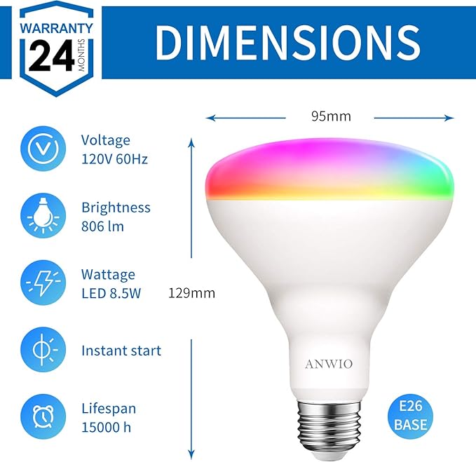 ANWIO Smart Light Bulb BR30 RGB Color Changing LED WiFi Dimmable Multicolor Light Bulbs E26 Base, Compatible with Alexa, Google Assistant, No Hub Required, 650 Lumen 8.5W (60W Equivalent) 2 Pack