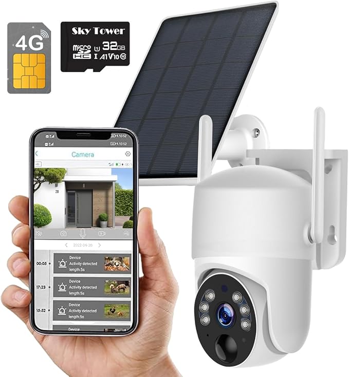 2K Solar Security Camera Outdoor, Wireless 4G/5G Cellular SIM Card (Verizon/AT&T/T-Mobile), AI Motion Detection & Siren, Unlimited Data, Amazon Cloud/Free Ultra Speed 32G Micro SD Card (4G SIM Card)