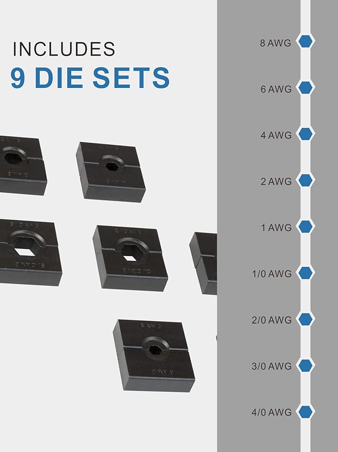 AMZCNC Professional Hydraulic Crimping Tool with 12 Ton Output Pressure and 9 Standard US Dies (Crimps 8 AWG to 4/0 AWG)