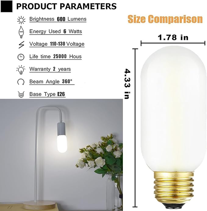 Leools E26 Frosted Edison Bulb 4W Equivalent E26 LED Bulb 40 Watt Dimmable Neutral White 4000K E26 Light Bulb AC120V 400lm Tubular T14 T45 LED Bulb for Pendant,Sputnik,Vanity,Pack of 6