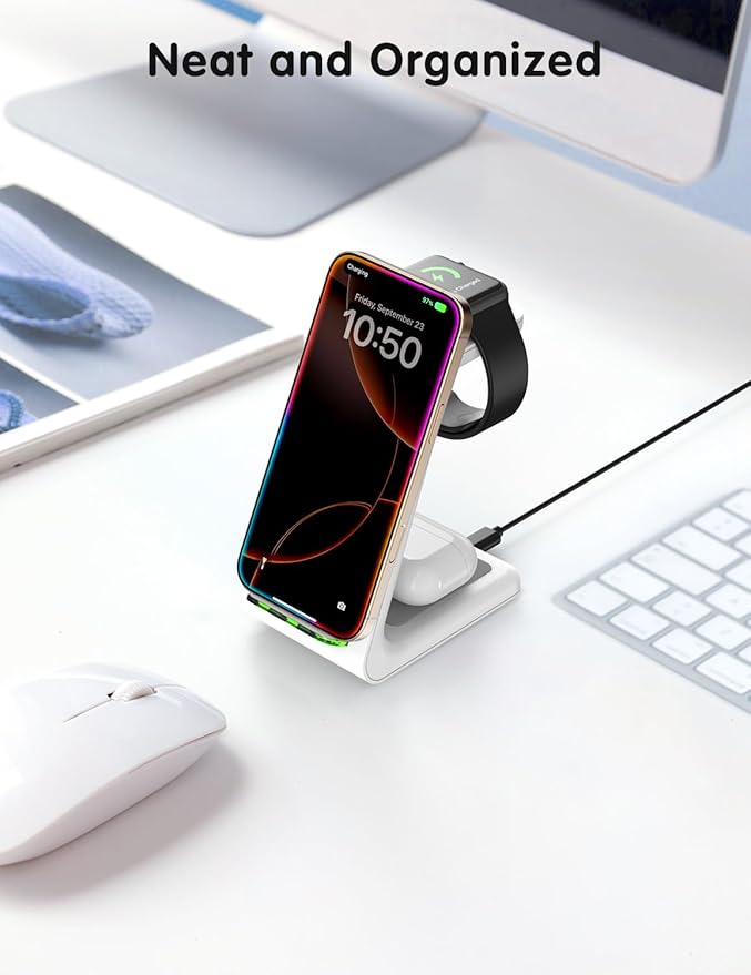 JoyGeek 3 in 1 Wireless Charging Station for Apple, Wireless Charger Stand for iPhone 16/15/14/13/12/11/SE/X/8 Pro Max Plus Mini, Charging Dock for Apple Watch Ultra/8/SE/7/6/5/4/3, AirPods Pro 2/3/2