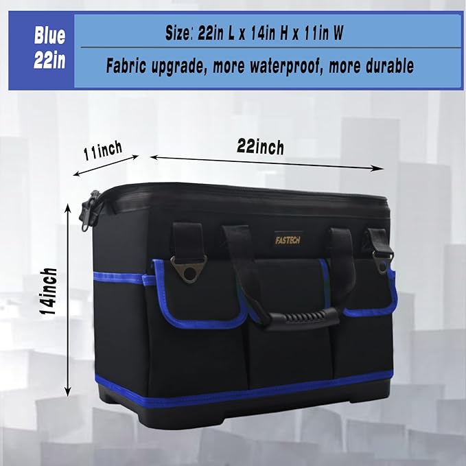22 Inch Tool Bag, Waterproof Wide Mouth Tool Kit, Heavy Duty Tool Bag Organizer With Shoulder Straps, Tool Storage Package For Men/Women (Blue22IN)