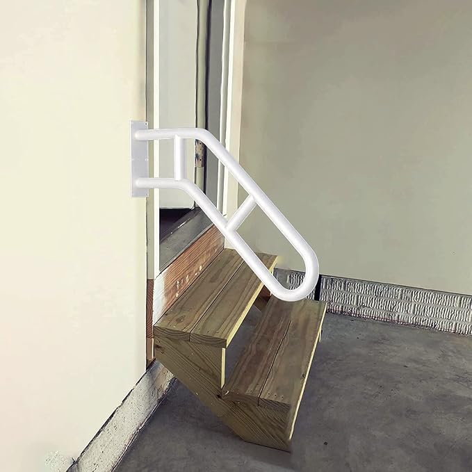 Upgraded Stair Handrails for 1-3 Steps, 27" Bent Handrails for Outdoor Steps, Wall Mounted Stair Railing U-Shaped Safety Grab Bar with 2 Anti-Skid Crossbar for Garage, Porch, Garden, Yard