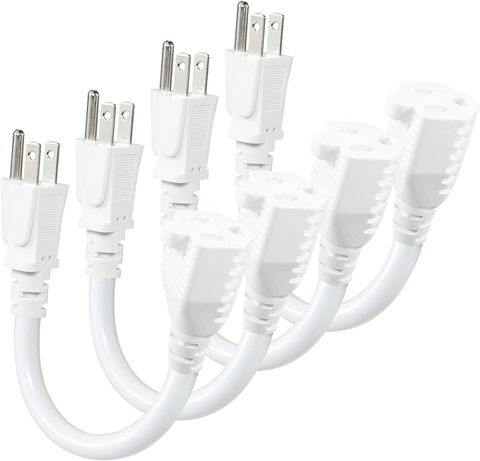 KUNCAN Short Power Extension Cord - 15A 6 Inch 3 Prong Outlet Saver, 1875W 14AWG/3C SJTW Heavy Duty Power Cord Extension Cable (NEMA 5-15P to NEMA 5-15R) Indoor/Outdoor Use, White 4-Pack