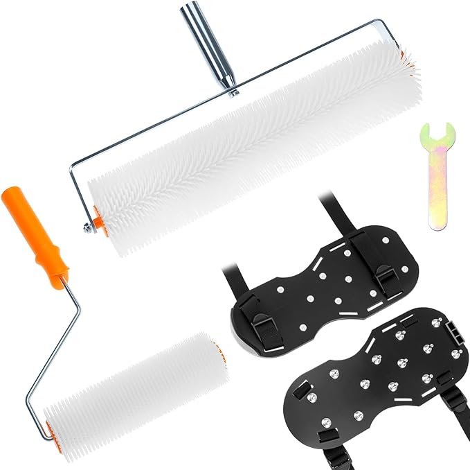 QWORK Multifunctional Self-Leveling Cement Tool Kit - Includes PE Rollers, Spiked Shoes, Anti-Slip