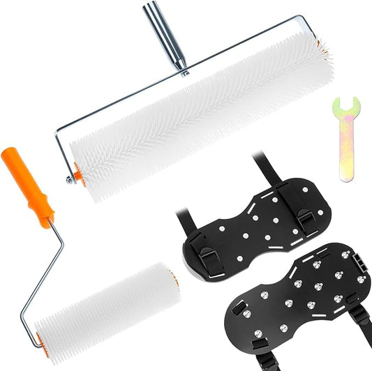 QWORK Multifunctional Self-Leveling Cement Tool Kit - Includes PE Rollers, Spiked Shoes, Anti-Slip