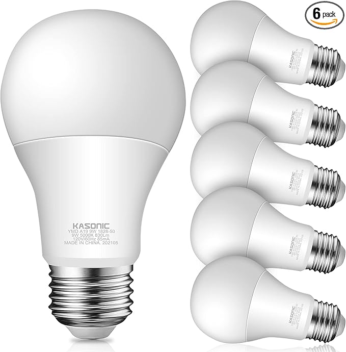 Kasonic Dimmable A19 LED Light Bulb, 60W Equivalent, Efficient 9W, UL Listed, 830 Lumens, E26 Standard Base, 5000K Daylight, 6 Pack